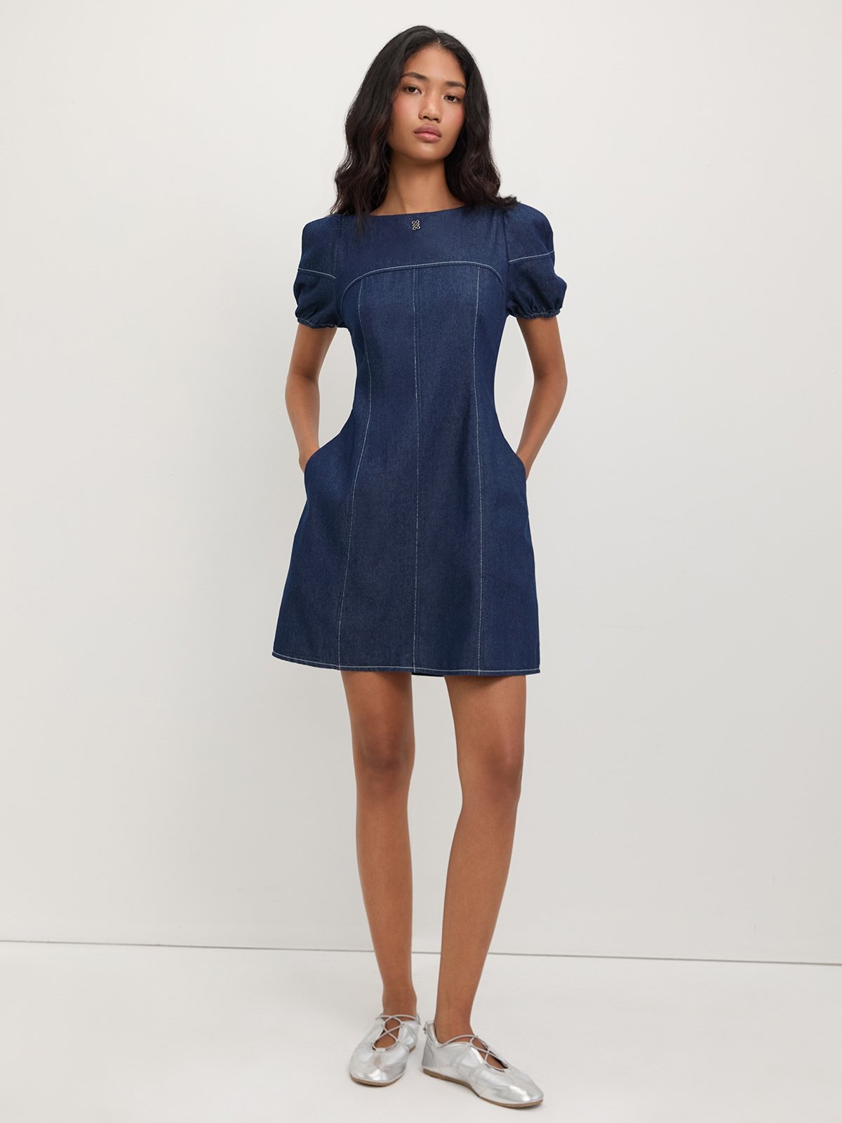 Contrast Trim Detail Belted Button Mini Dress - - Pomelo Fashion