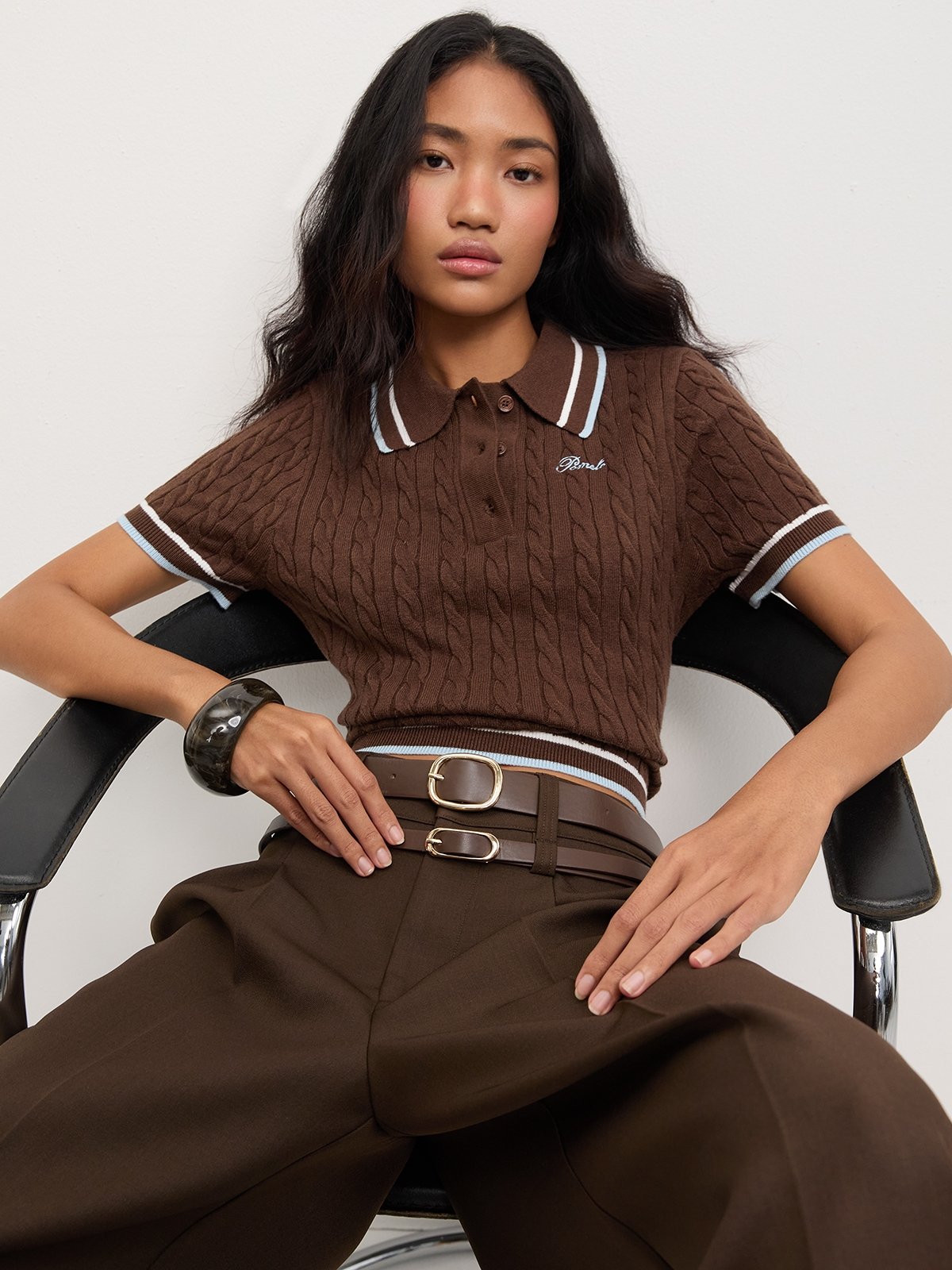 Cable Knitted Cropped Polo - Brown - Pomelo Fashion