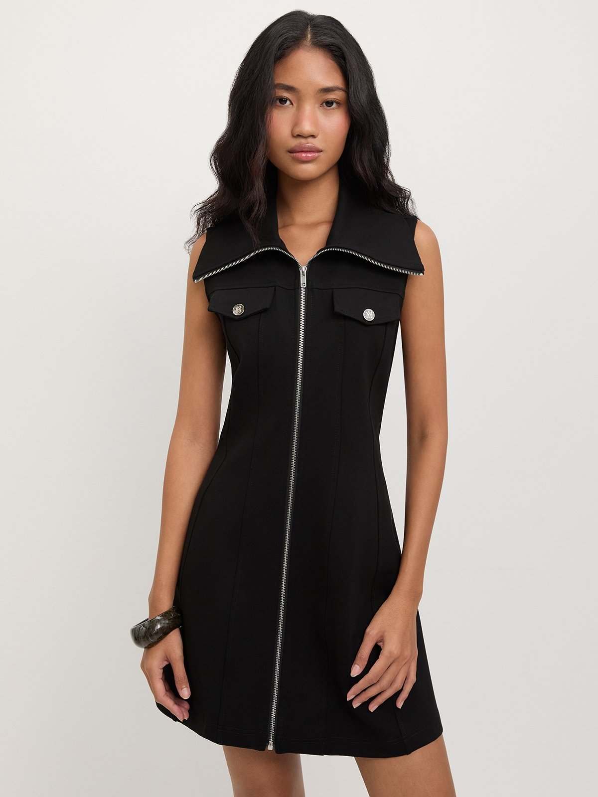 Collared Sleeveless Zip Dress - Black - Pomelo Fashion