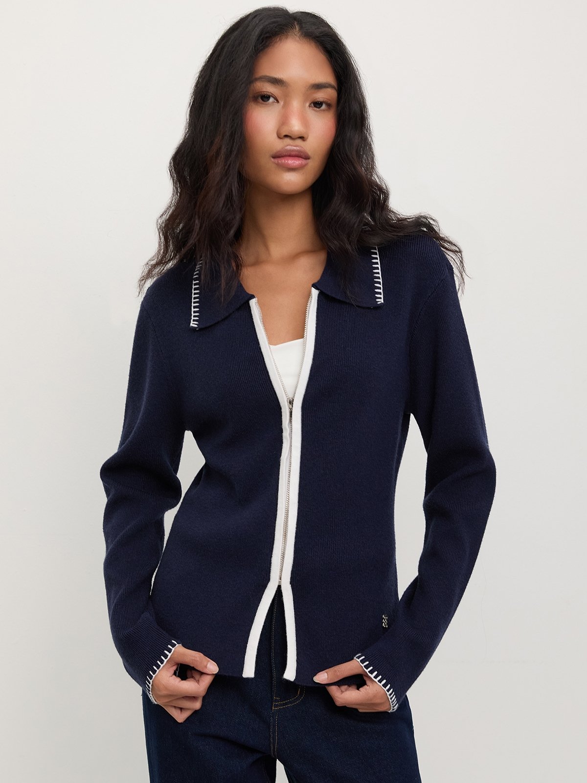 Contrast Trim Zipped Cardigan - Navy - Pomelo Fashion