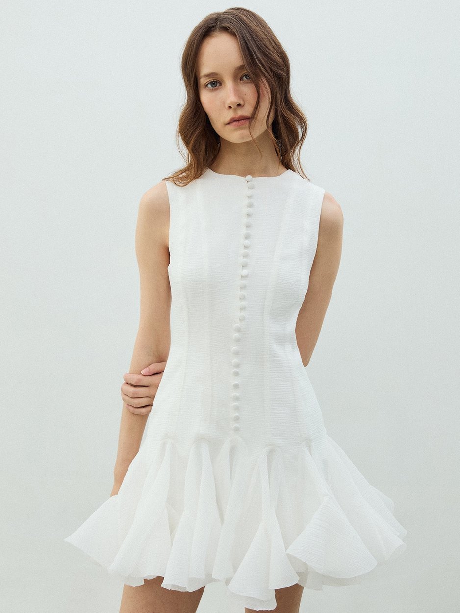 white sheer ruffle dress Whispering silk, endless romance A dreamy duo of sheer ruffle blouse and pleated mini skirt soft, flirty, and effortlessly elegant. #silk #white #set #shop #now