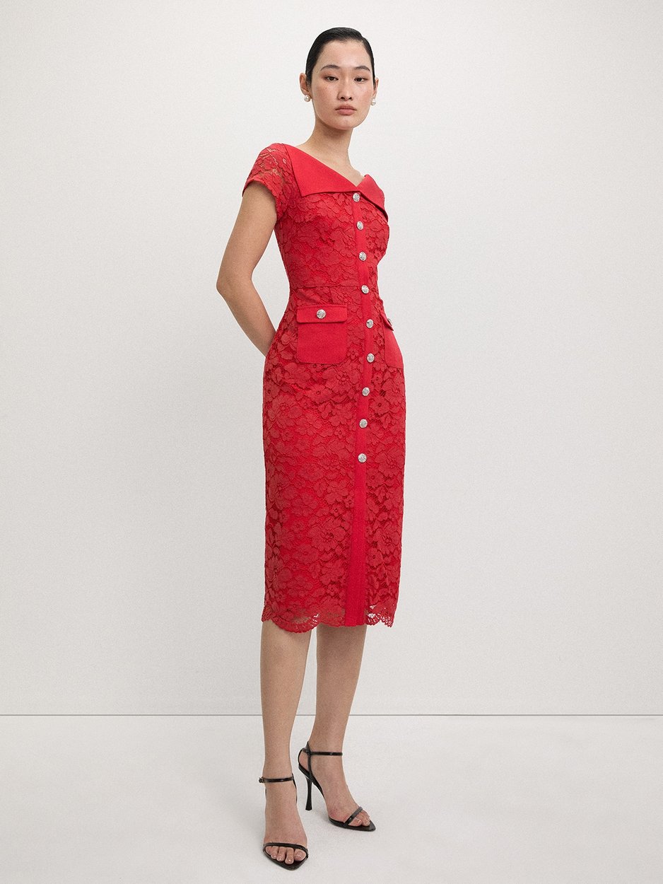 Lace Button-Up Midi Dress - Red - Pomelo Fashion Lace Button-Up Midi Dress - Red - Pomelo Fashion