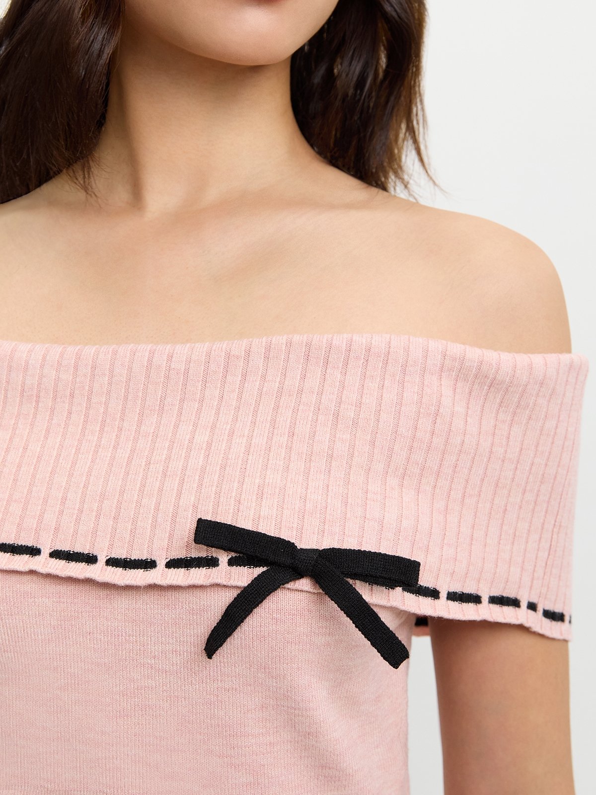 Tie-Front Off-Shoulder Ribbon Trim Knitted Top – Pink - Pomelo Fashion