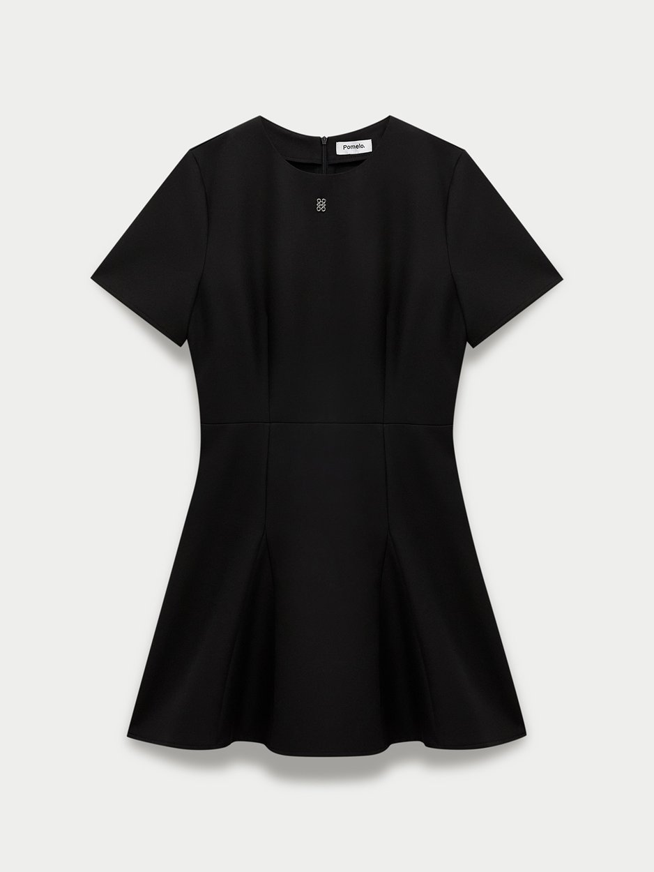 Short Sleeve Round Neck Mini A-Line Dress with Seam Detail and Back Zipper - Black - Pomelo Fashion Short Sleeve Round Neck Mini A-Line Dress with Seam Detail and Back Zipper - Black - Pomelo Fashion