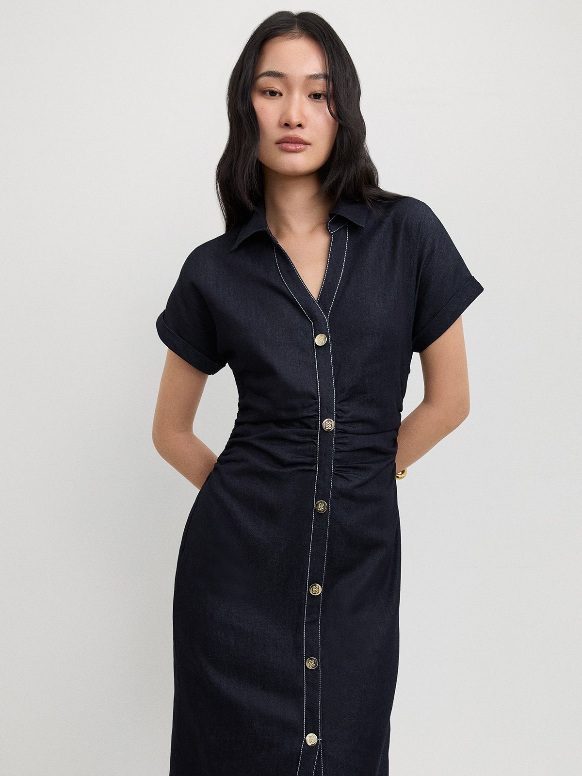 blue short sleeve cinched waist midi dress EMERY ROSE Women's Elegant Cornflower Blue Summer Dress,Short Sleeve Waist  Cinched Midi Dress For Office,Work,Brunch,Solid Color High Quality Retro  Casual Dress