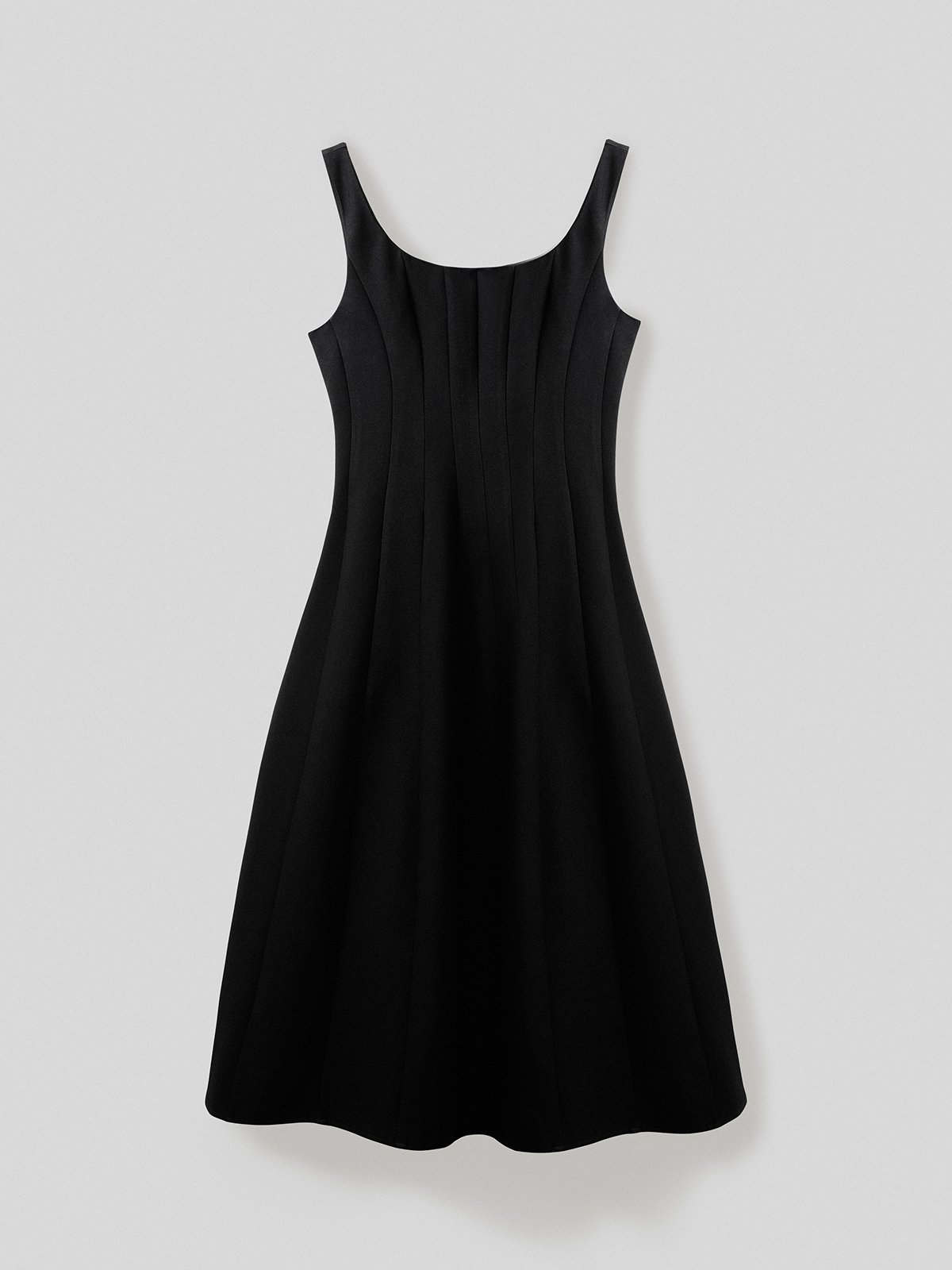 Square Neck Spaghetti Strap Corset Bodice Seam Detail Dropped Waist Pleated  Flare Midi Dress - Black - Pomelo Fashion