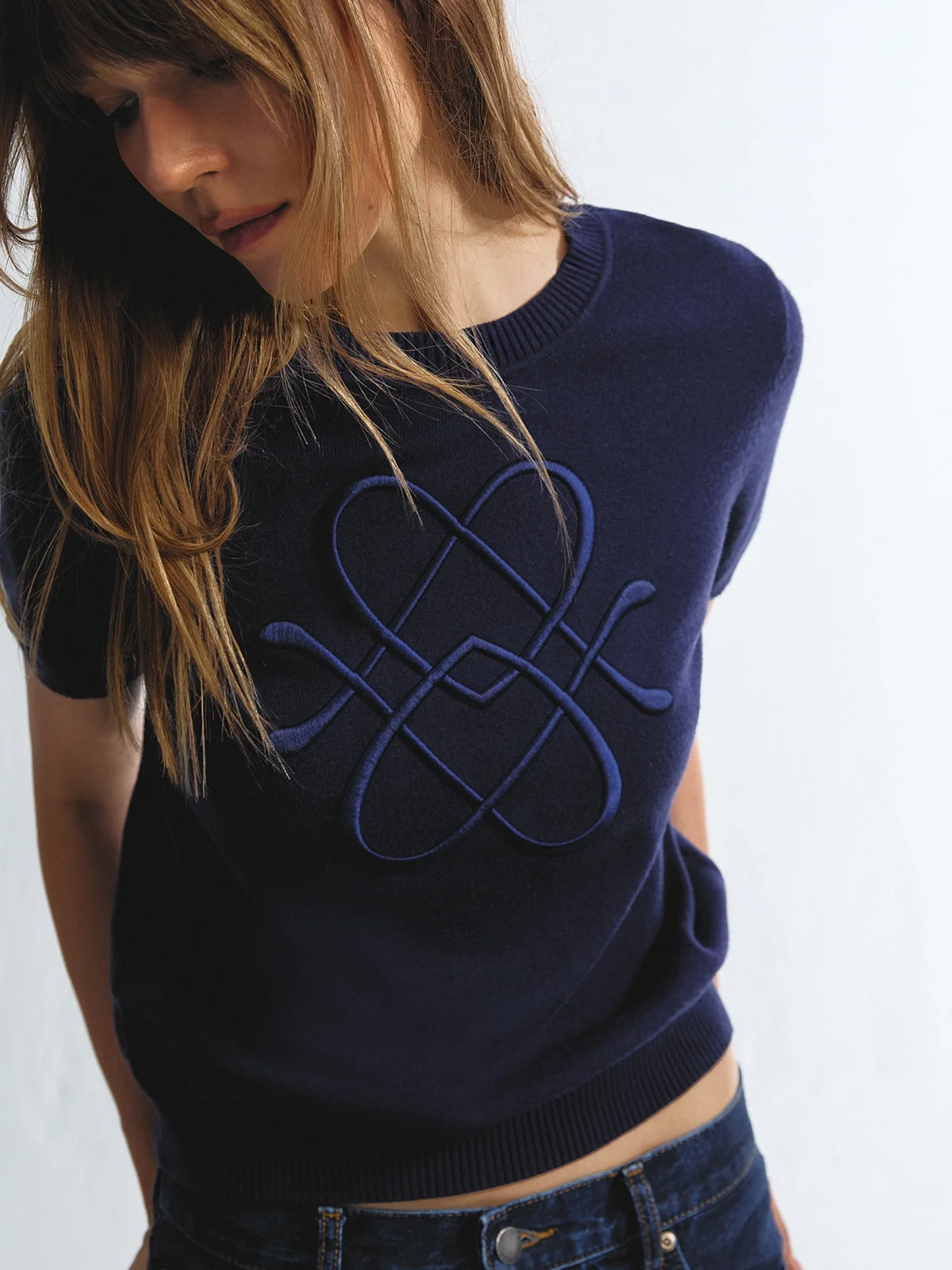 Embroidery Pomelo Logo Knit Top - Navy - Pomelo Fashion