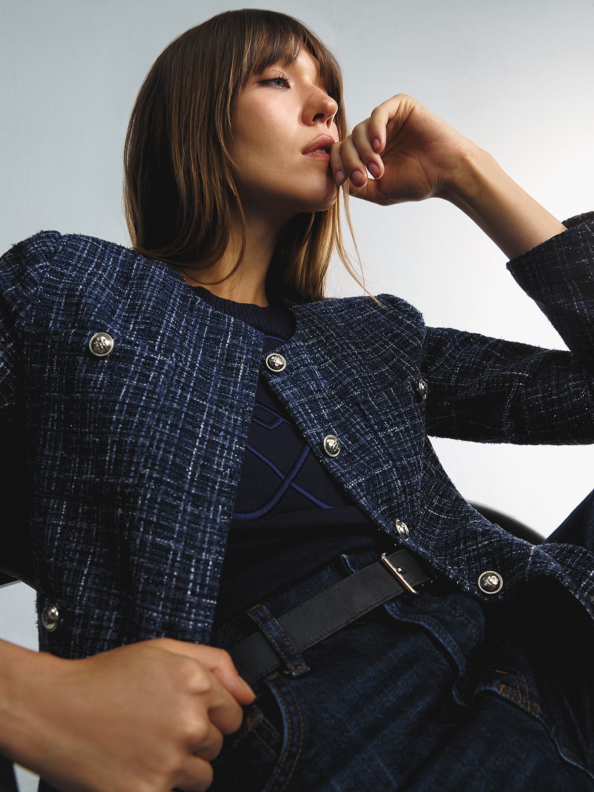 No Collar Tweed Jacket - Blue - Pomelo Fashion