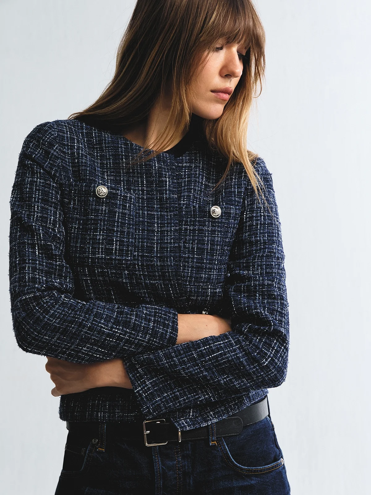 No Collar Tweed Jacket - Blue - Pomelo Fashion