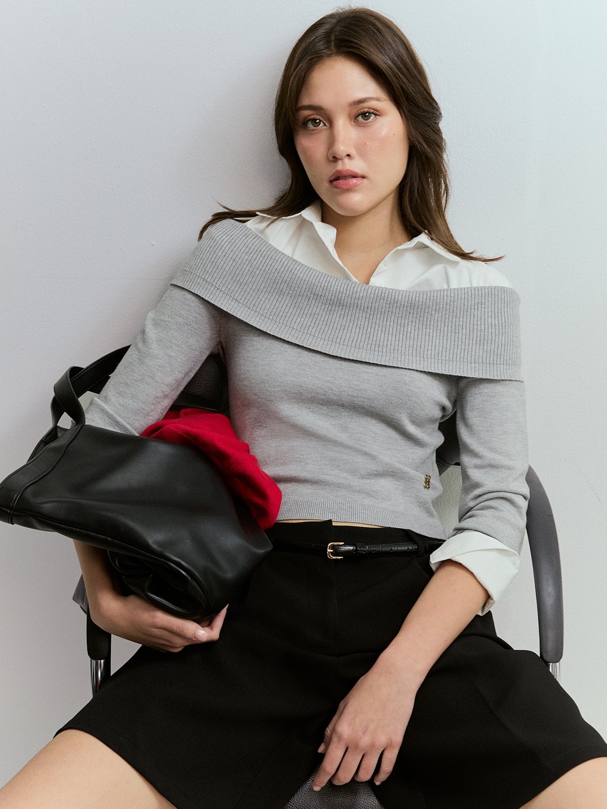 Off-the-Shoulder Layered Knit Sweater with Collared Shirt Insert