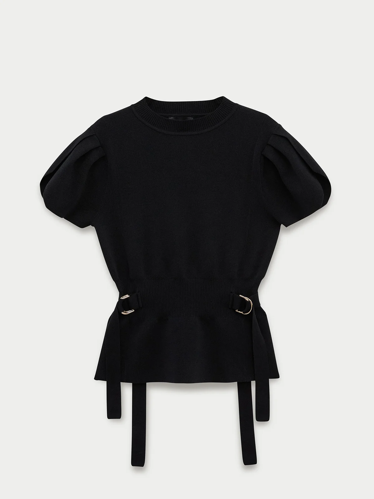 Mock Neck Puff Sleeve Knit Top with Side Buckle Tabs - Black