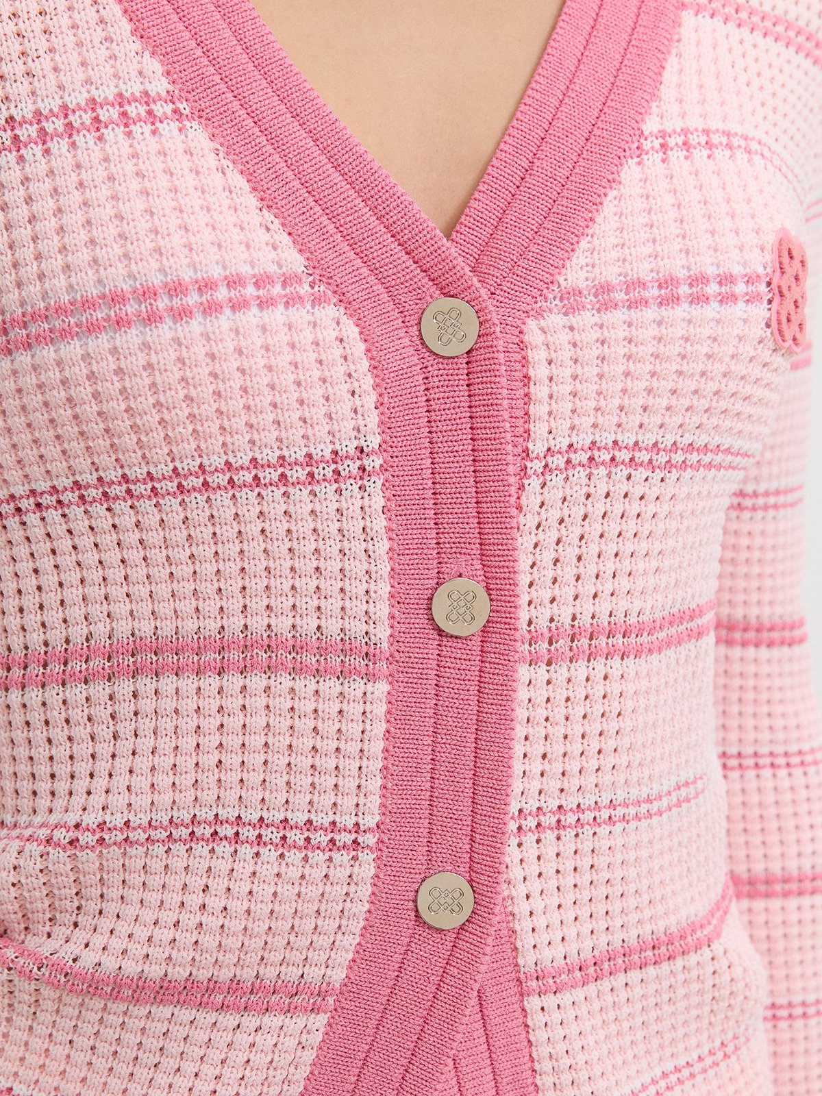 V-Neck Waffle Knit Cardigan with Contrast Hem - Pink - Pomelo Fashion