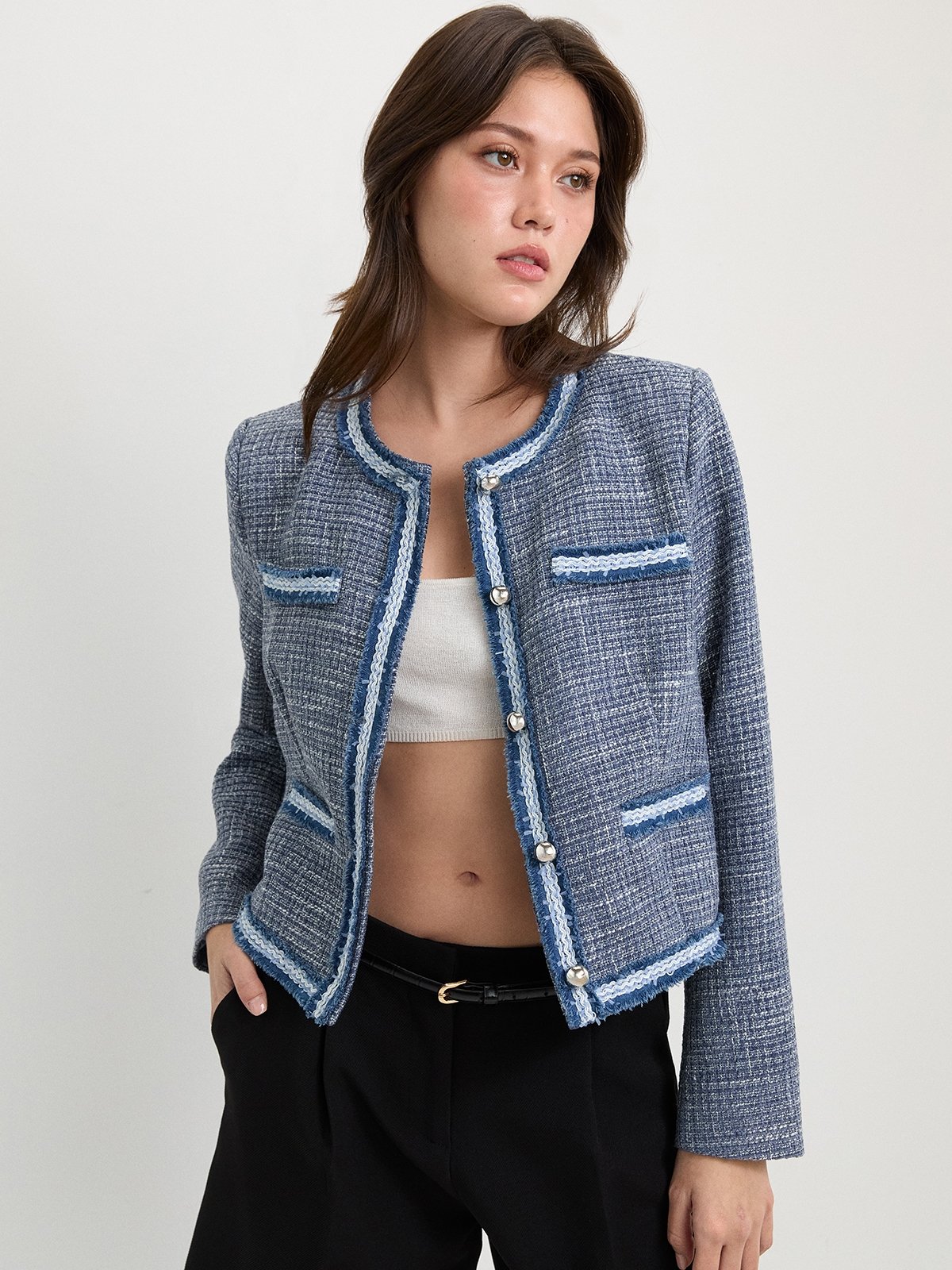 Round Neck Tweed Jacket - Blue - Pomelo Fashion Round Neck Tweed Jacket - Blue - Pomelo Fashion
