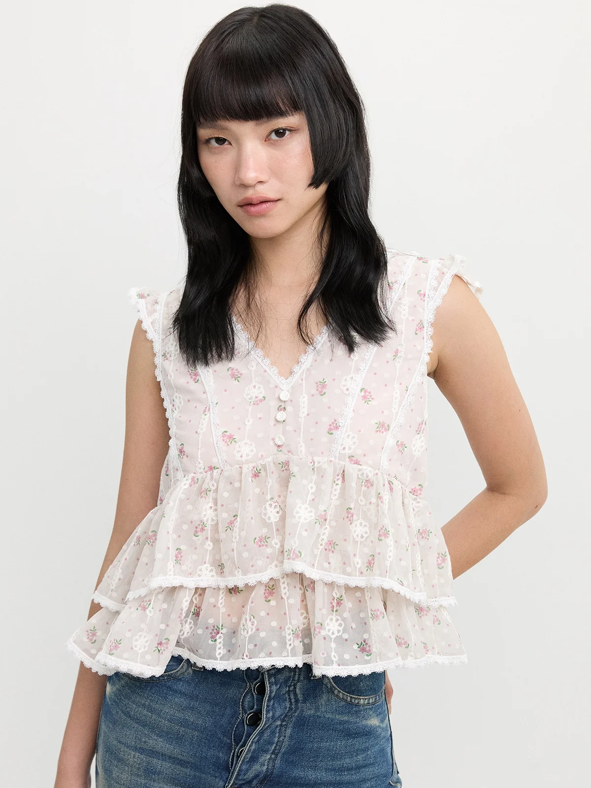 roughlow roughlow 2way Side Peplum Sheer Blouse