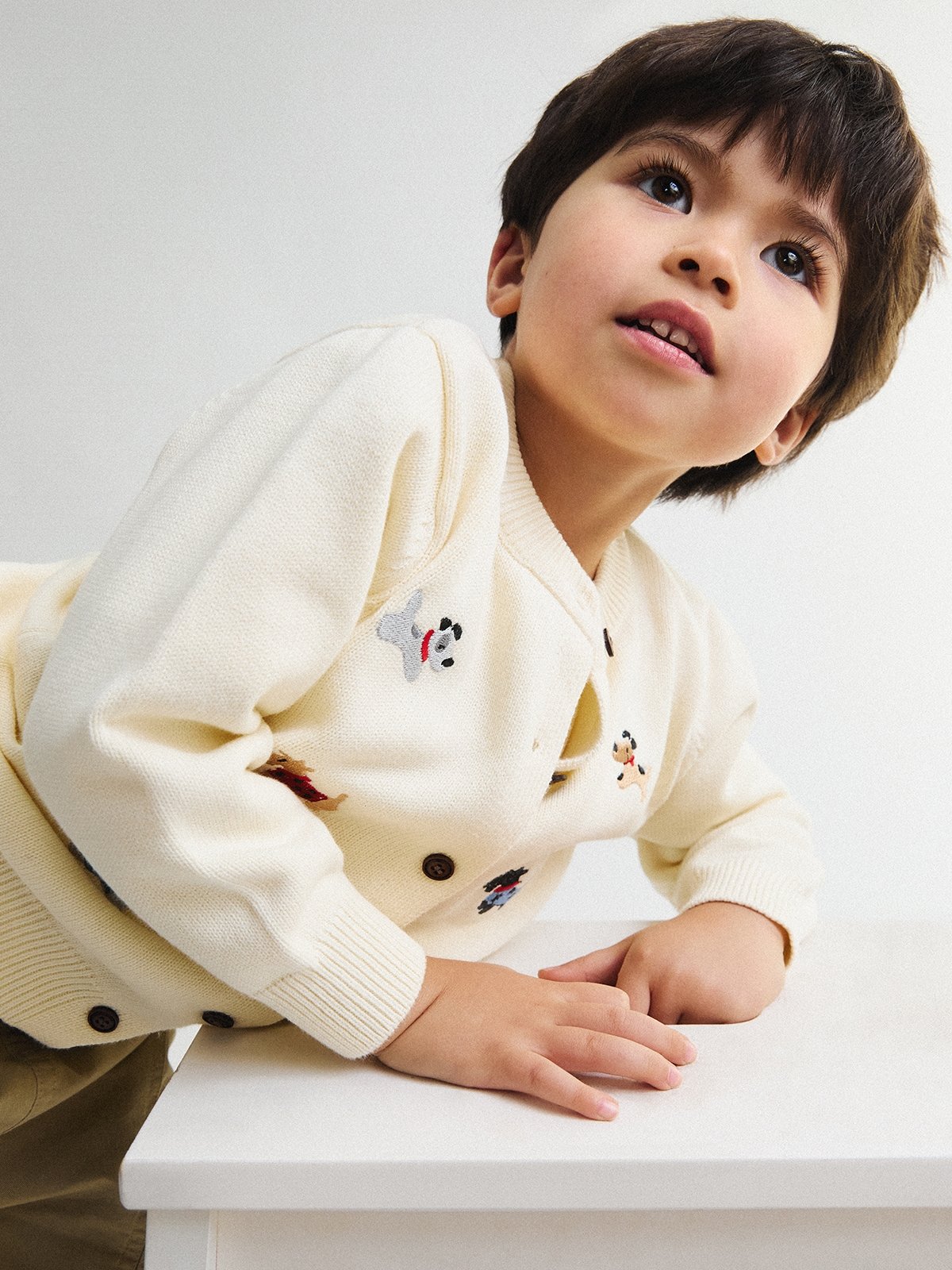 Kids Knit Cardigan with Dog Embroidery Details - Cream/White