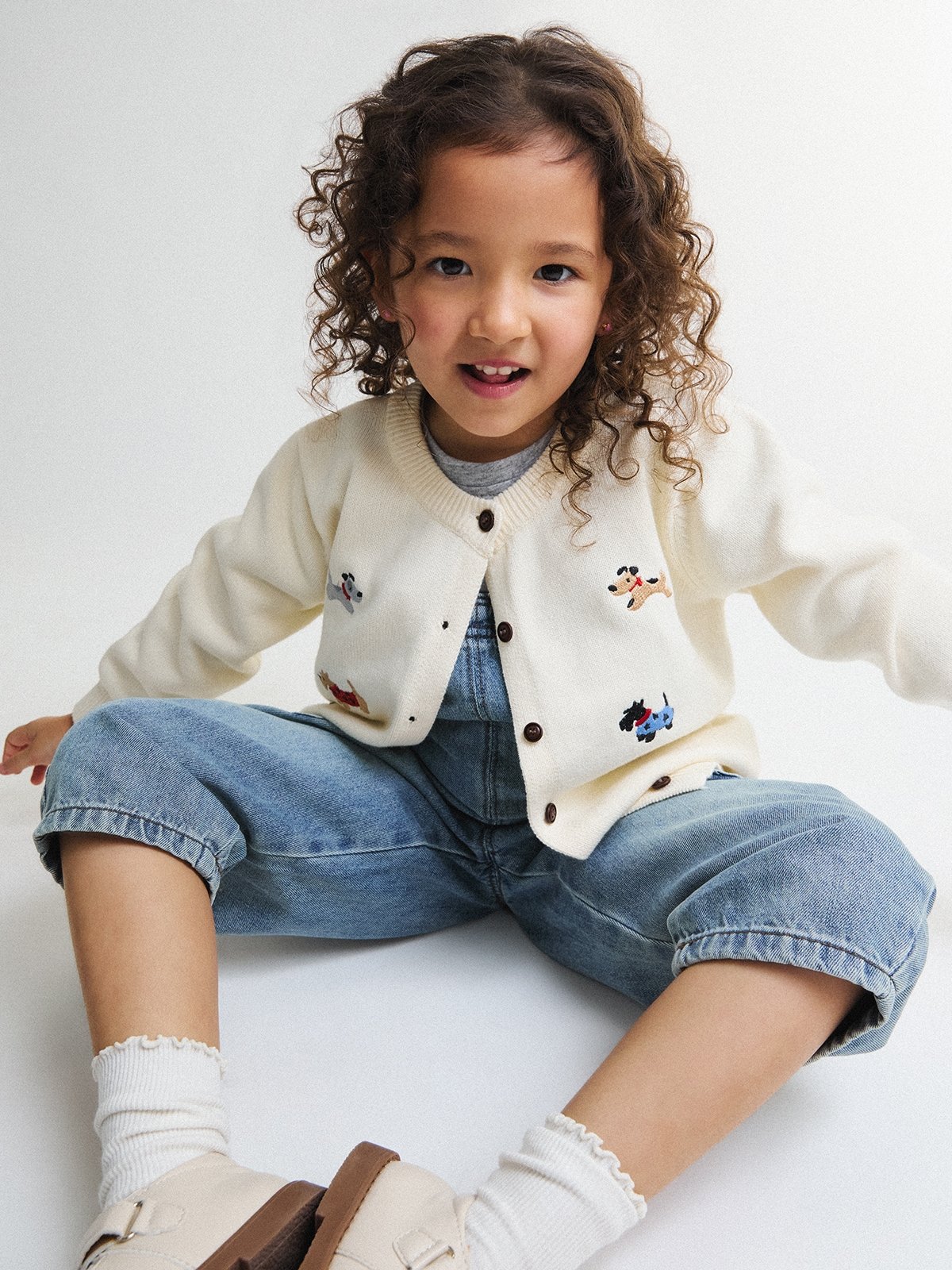 Kids Knit Cardigan with Dog Embroidery Details - Cream/White