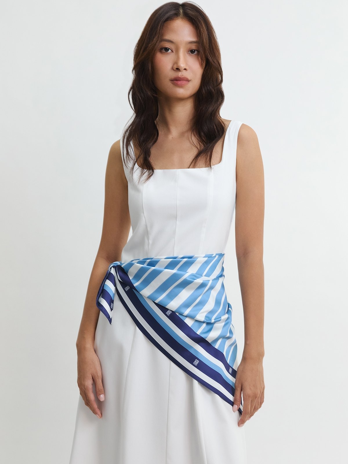 Scarf-Detailed Square Neck Midi Dress - White - Pomelo Fashion