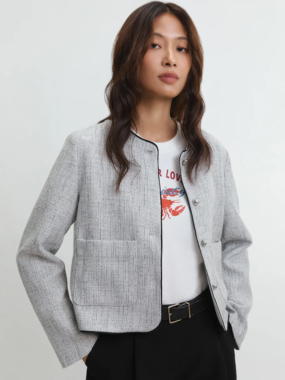 Tweed Collarless Jacket - Grey - Pomelo Fashion