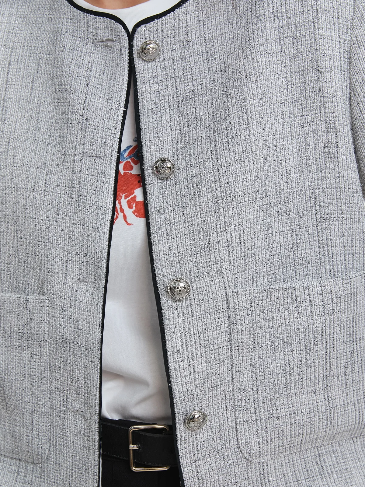 ジャケット・アウター Tweed Dot Button Collarless Jacket Tweed Collarless Jacket - Grey - Pomelo Fashion