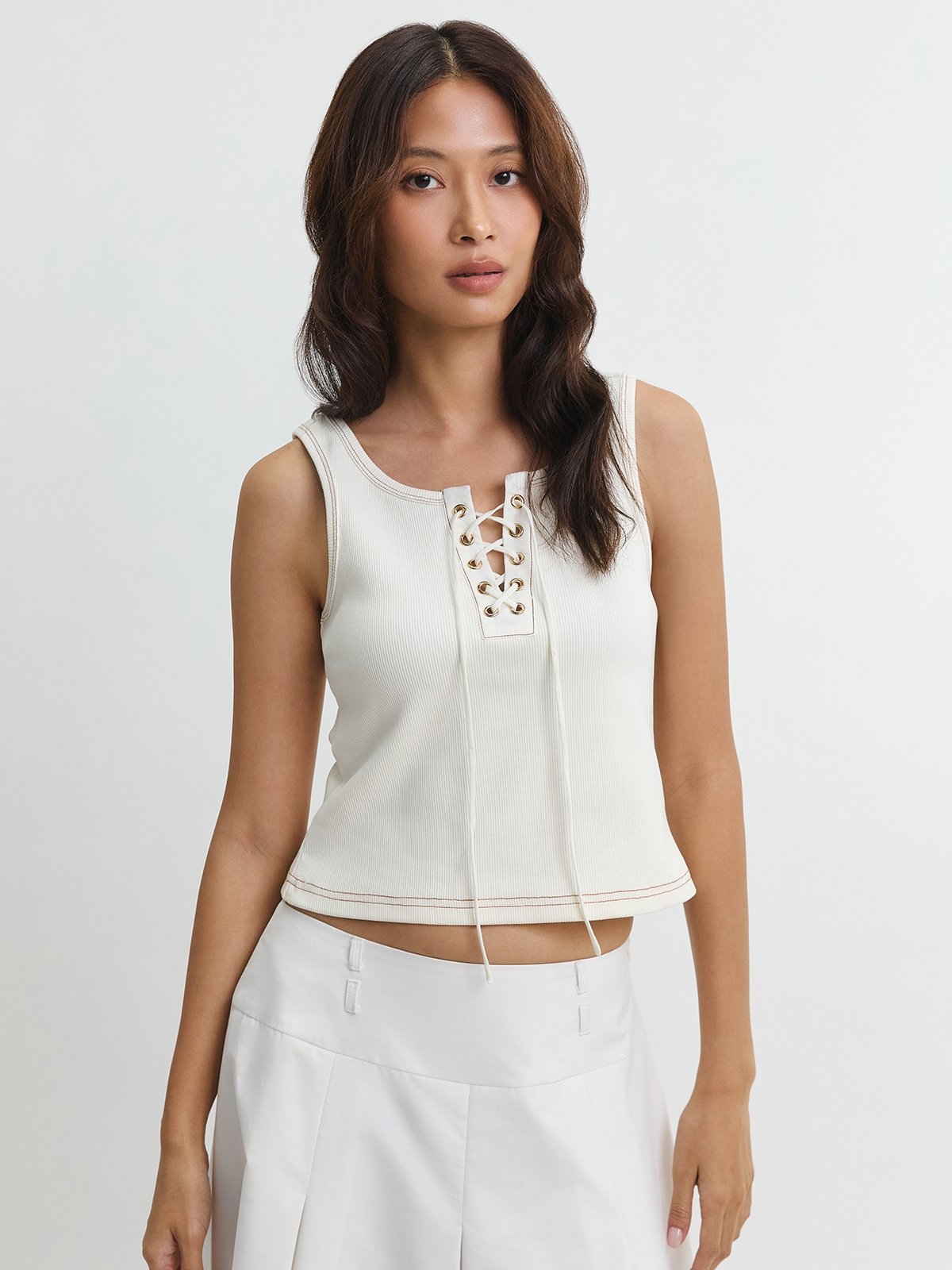 Lace Up Ribbed Tank Top - Ivory - Pomelo Fashion