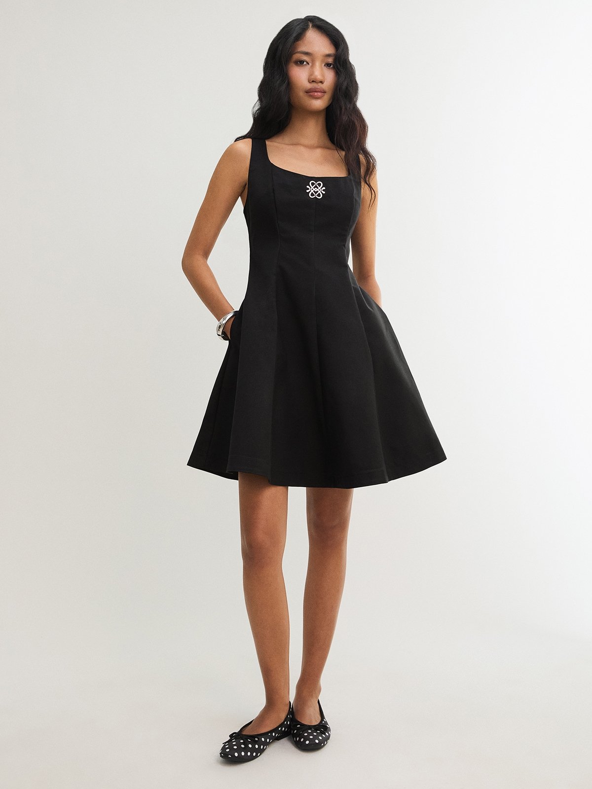 Square Neck and Flare Mini Dress - Black - Pomelo Fashion