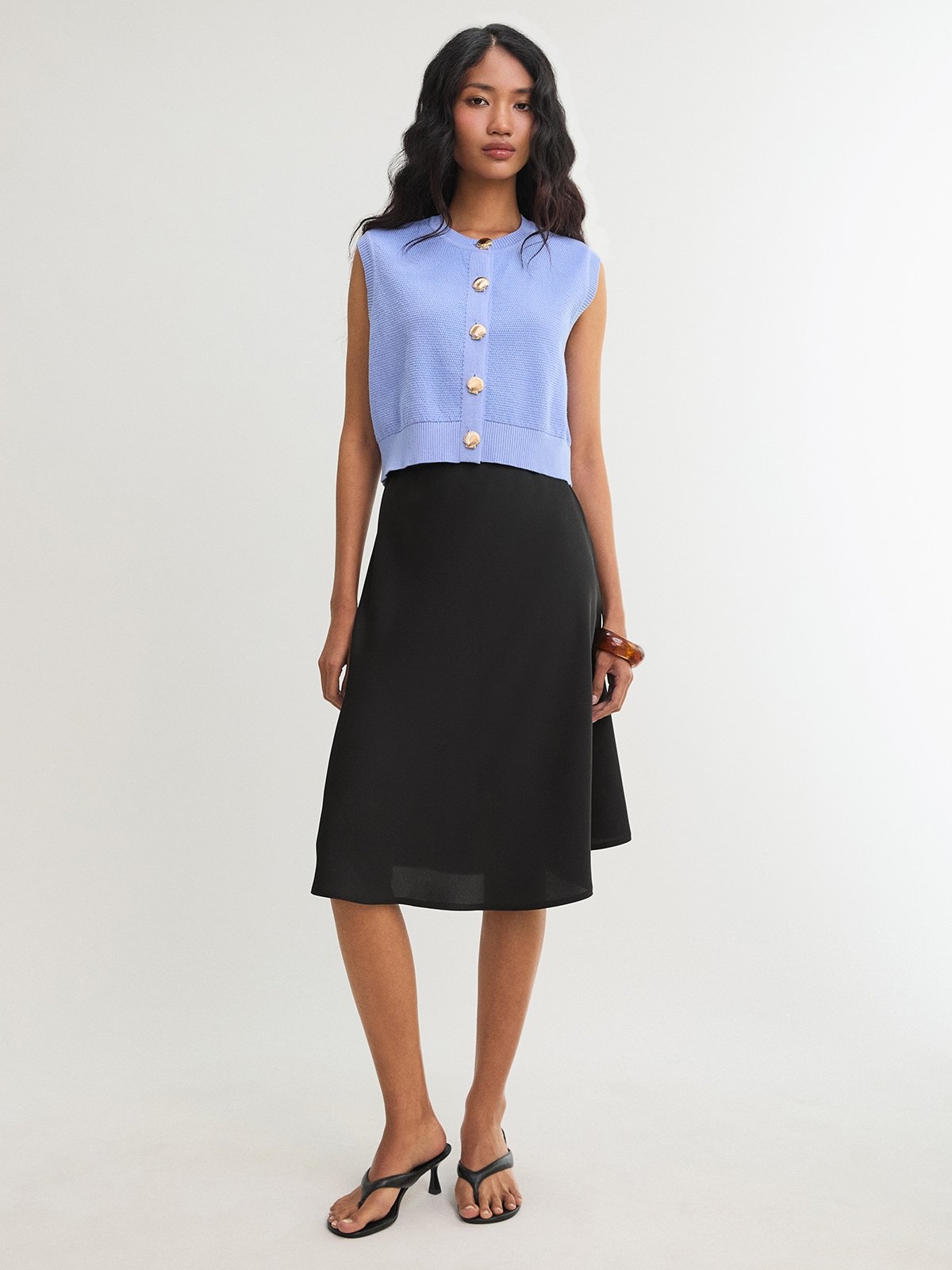 Button Front Knit Crop Vest - Blue - Pomelo Fashion