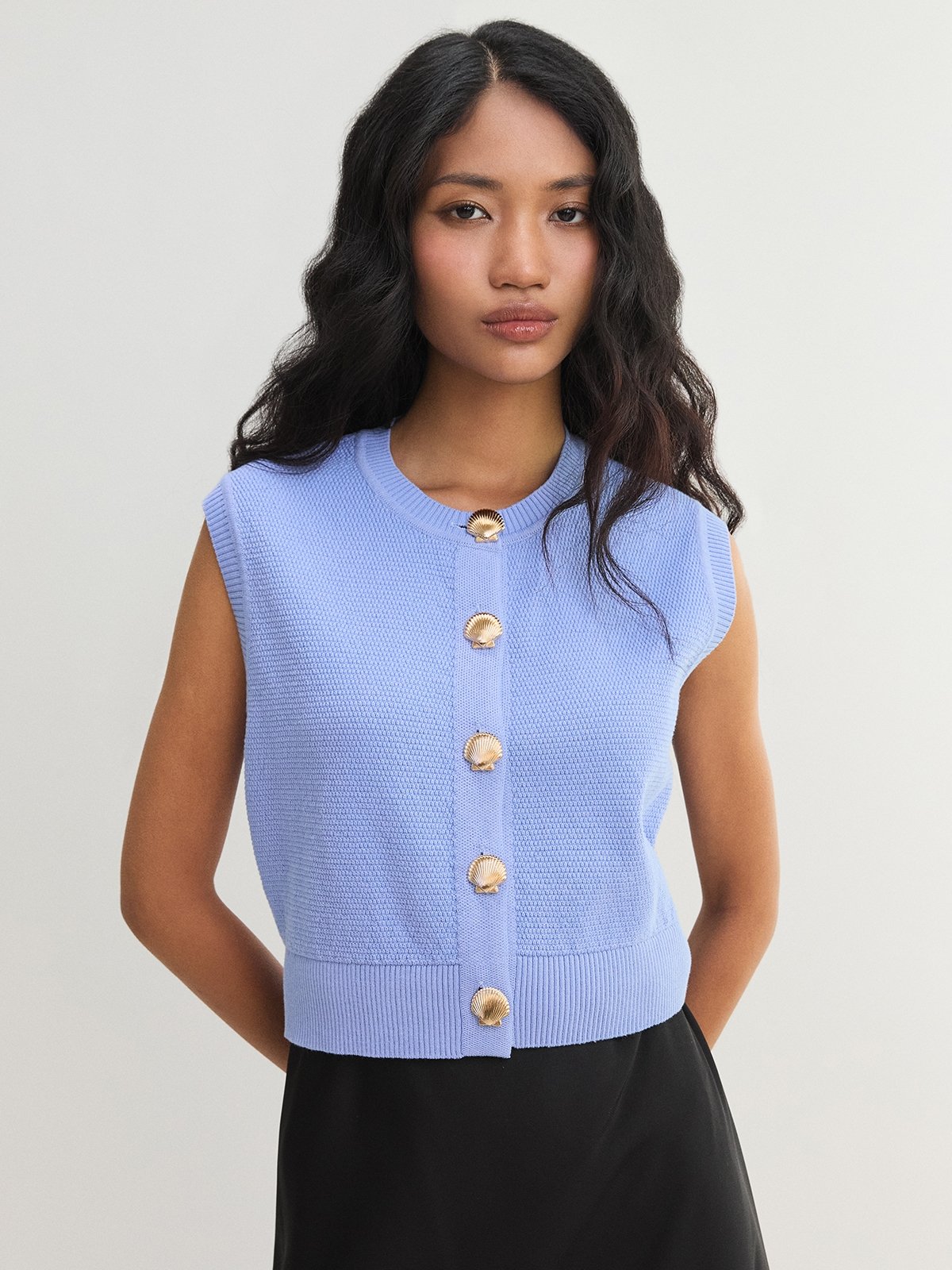 Button Front Knit Crop Vest - Blue - Pomelo Fashion