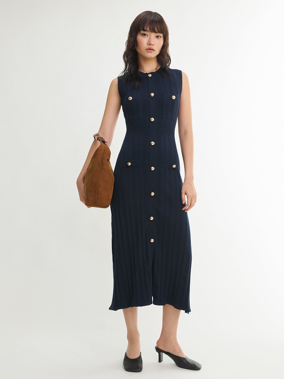Sleeveless Knit Dress - Navy - Pomelo Fashion Sleeveless Knit Dress - Navy - Pomelo Fashion