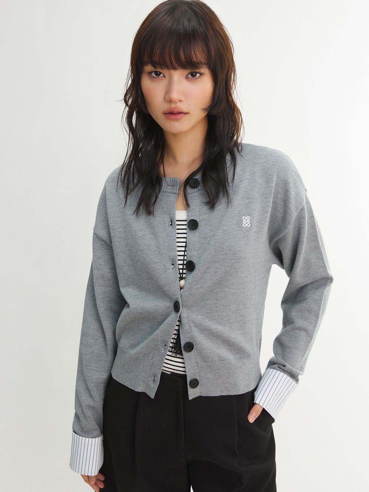 Button Front Knit Cardigan with Contrast Cuff - Light Grey