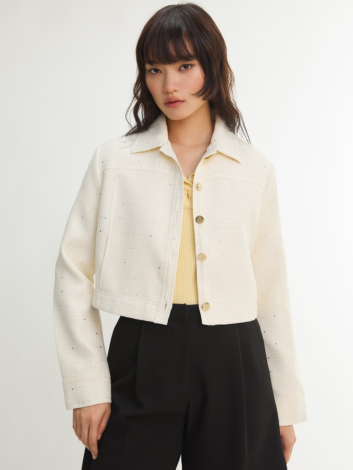 Cropped Tweed Jacket - Ivory - Pomelo Fashion