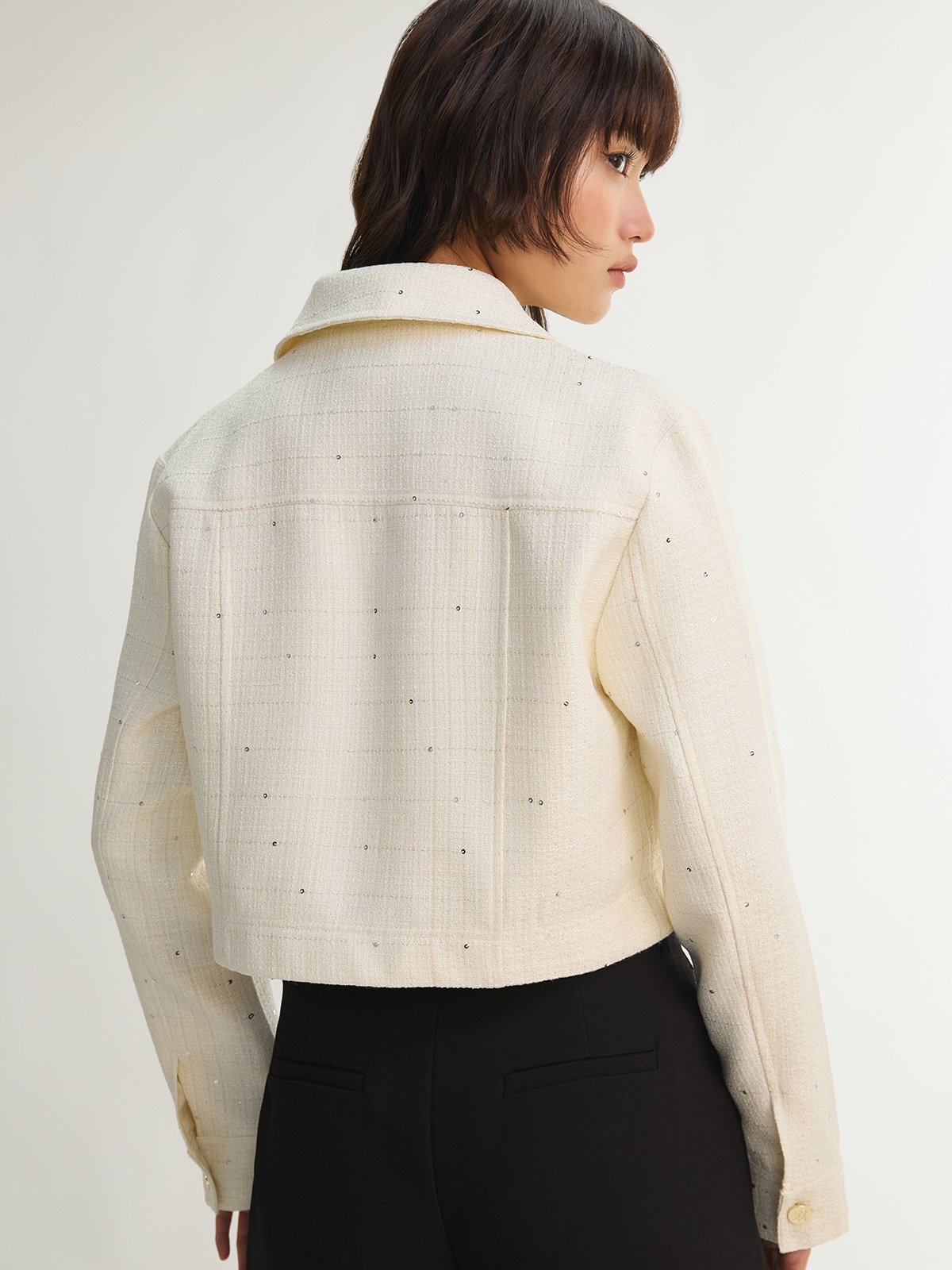 Cropped Tweed Jacket - Ivory - Pomelo Fashion