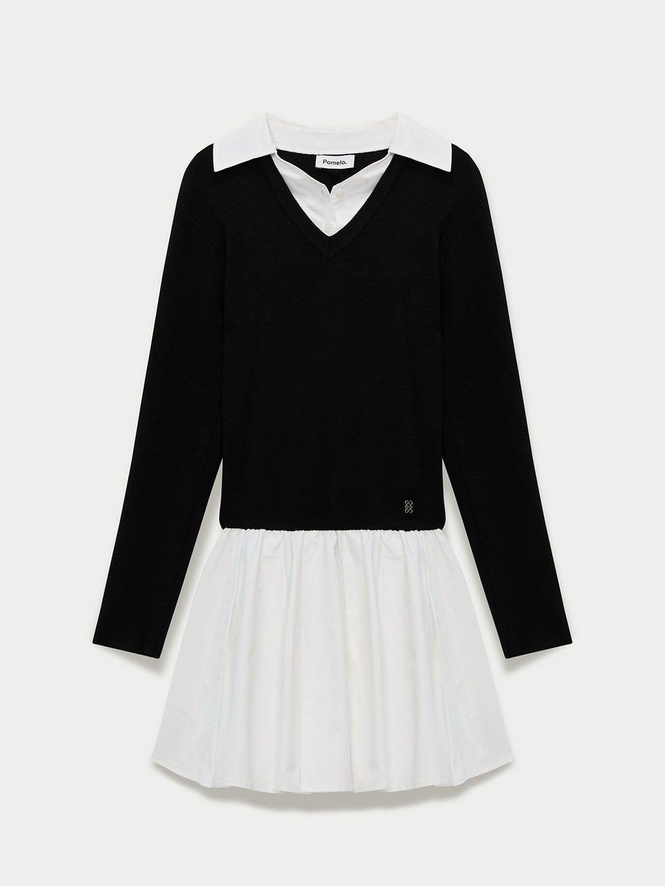 Layered Collared Shirt Pleated Hem Mini Dress - Black - Pomelo Fashion Layered Collared Shirt Pleated Hem Mini Dress - Black - Pomelo Fashion