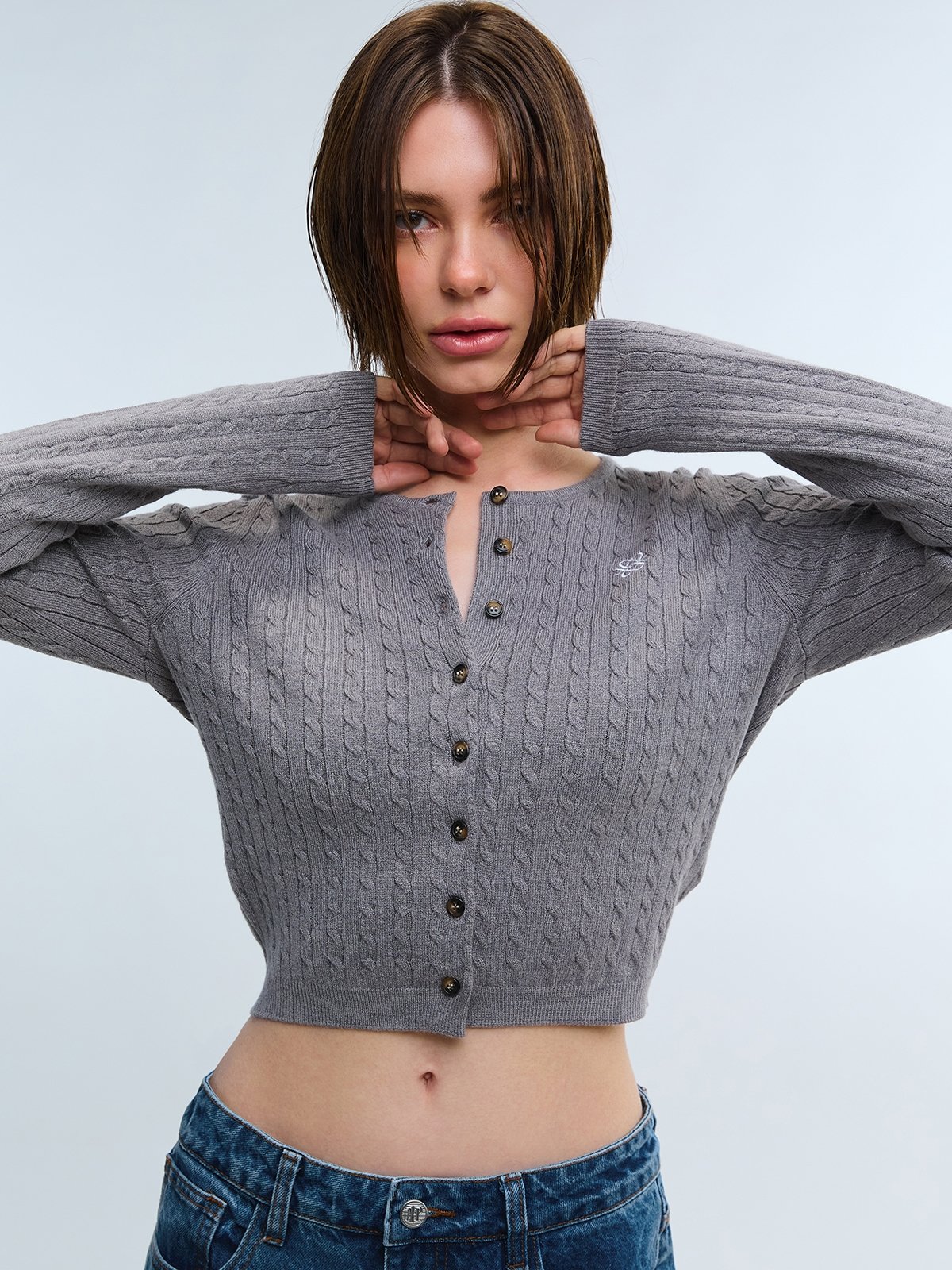 Ribbed Button Front Knit Cardigan - Grey - Pomelo Fashion