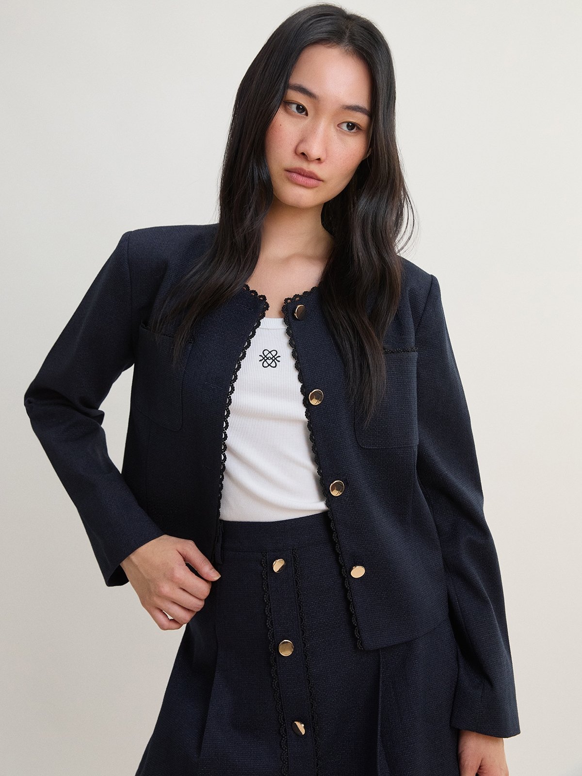 Tweed Jacket - Navy - Pomelo Fashion