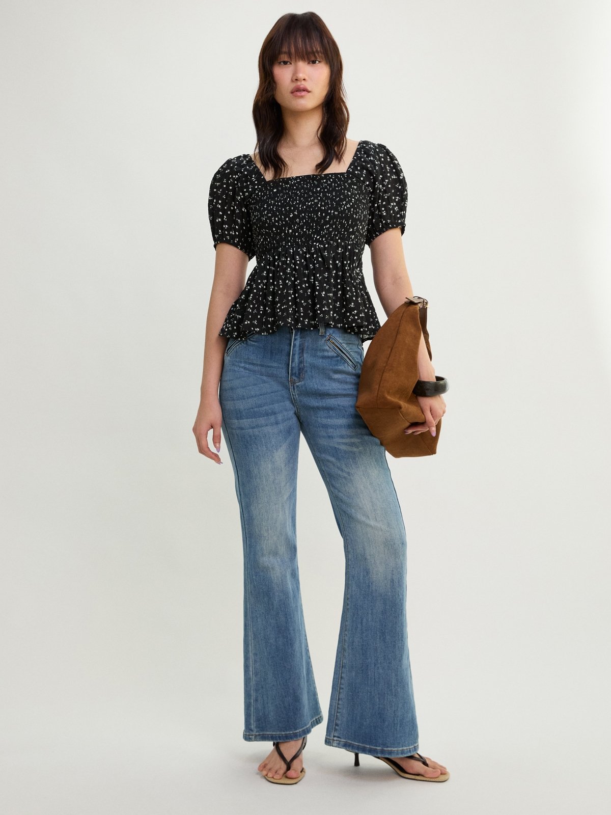 Floral Smocked Peplum Blouse - Black - Pomelo Fashion