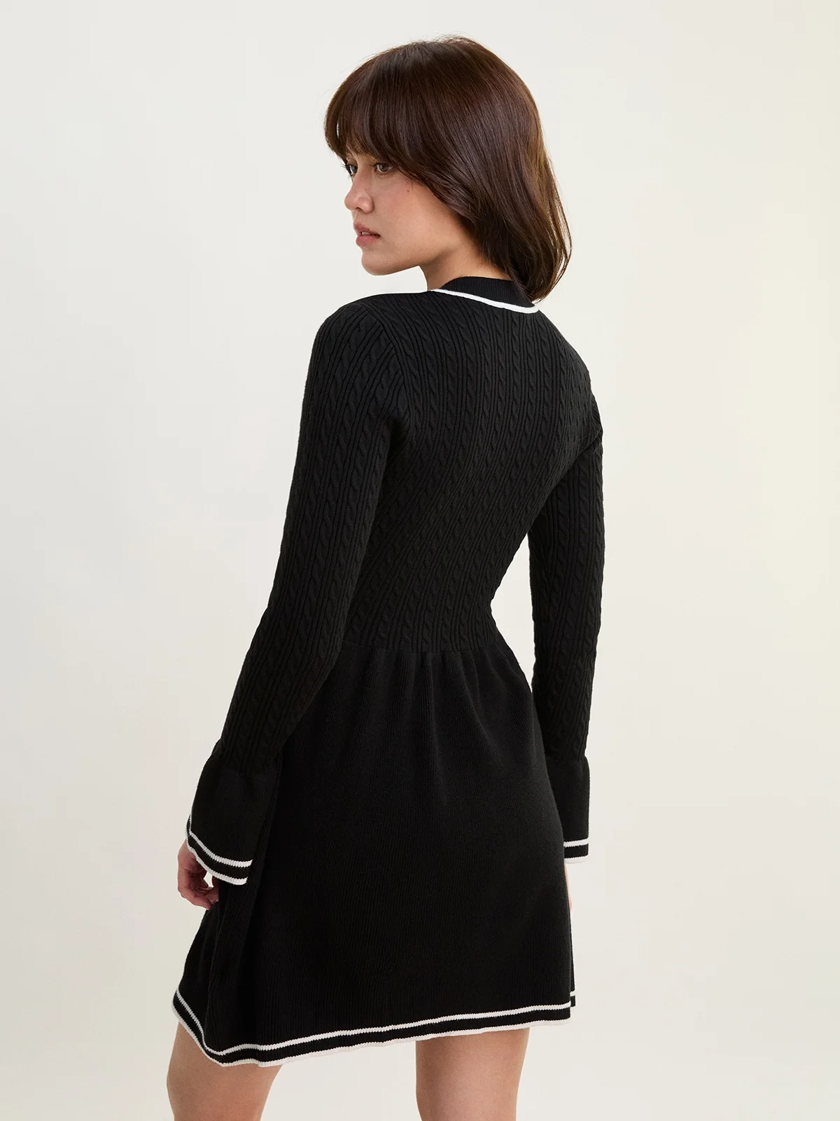 collared contrast trim knit mini dress - Black sub_category:maxi dresses