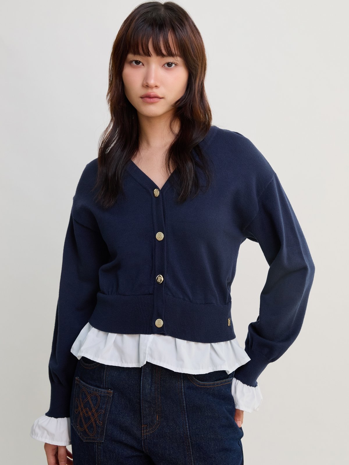 Ruffle Hem Cardigan - Blue - Pomelo Fashion