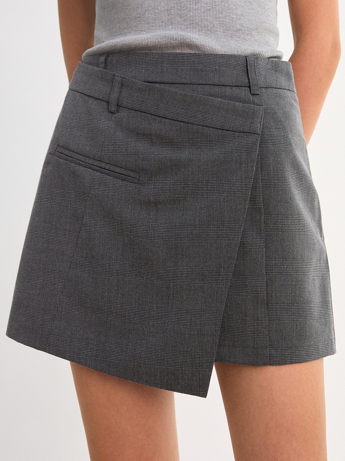 Plaid Crossover Mini Skirt - Mid Grey - Pomelo Fashion