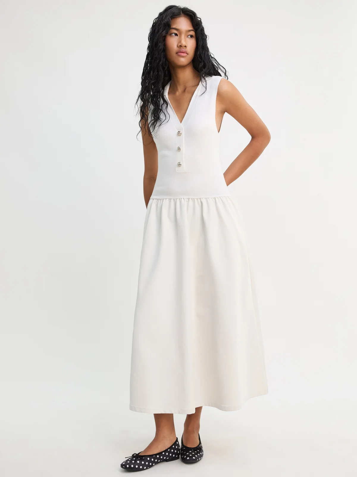 knit polo midi dress Sleeveless - White Linen dresses