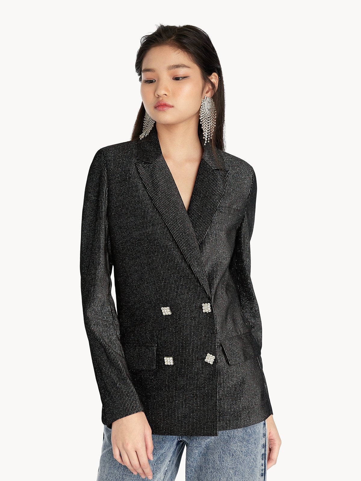 Double Breasted Glitter Metallic Blazer Black Pomelo Fashion