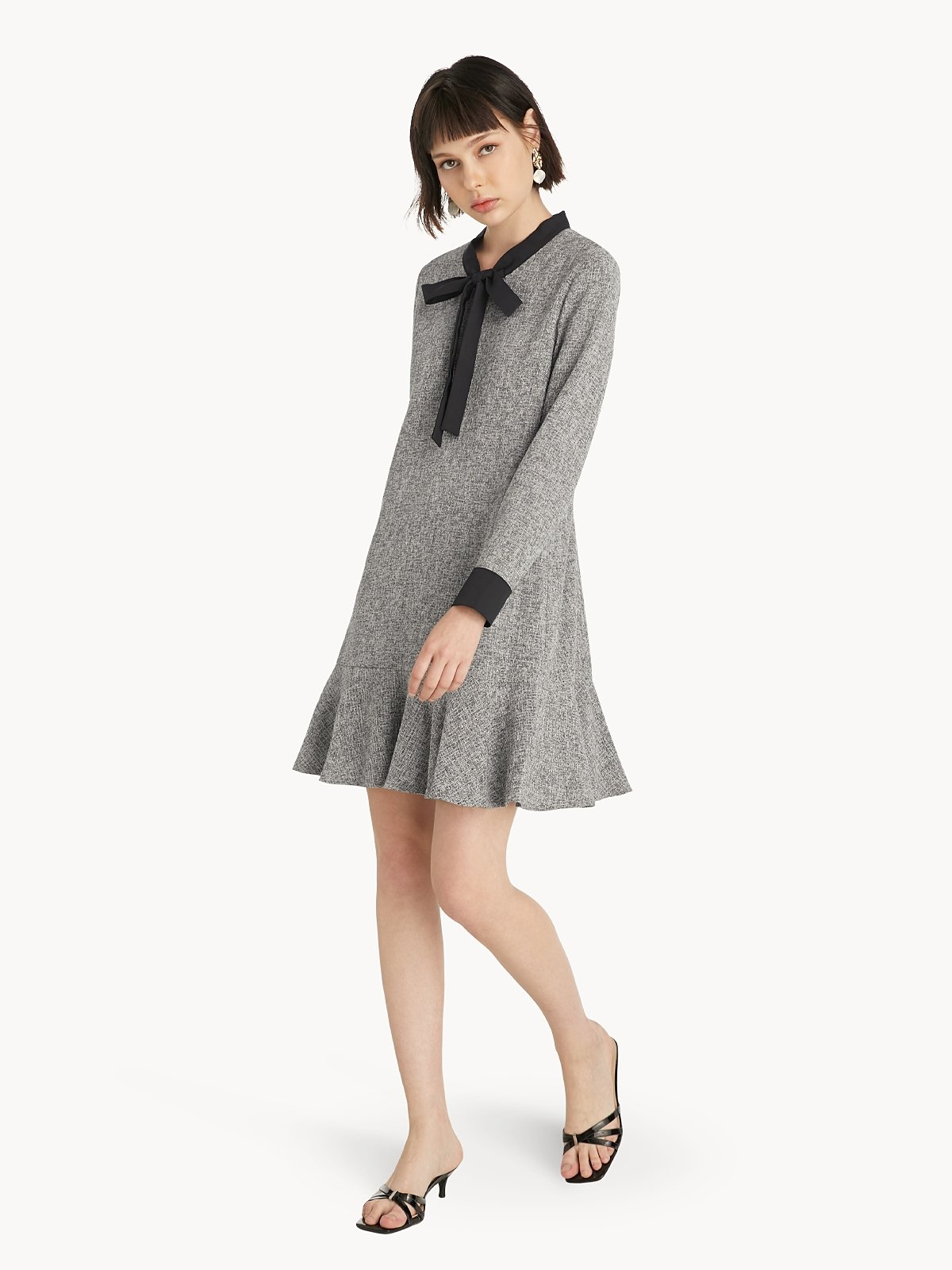 Bow Tie Neck Dress Dark Grey Pomelo Fashion