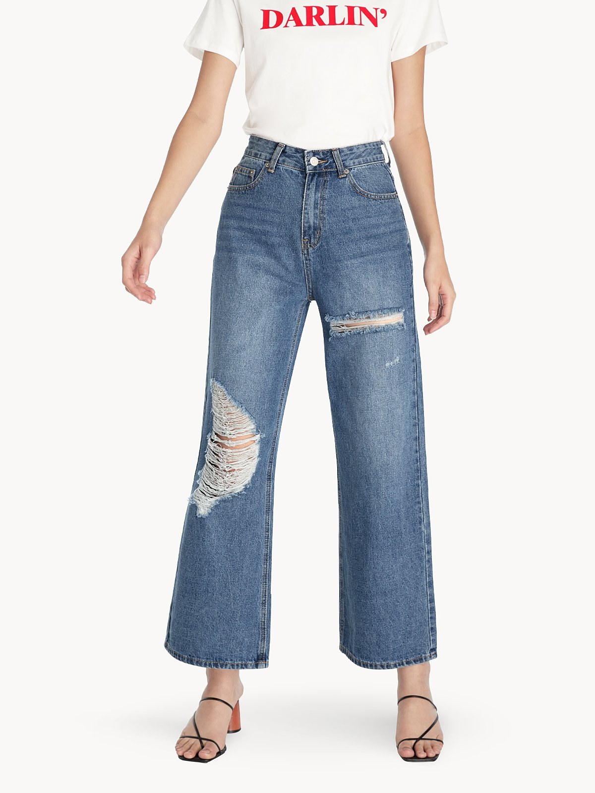 Sky Blue Vintage Distressed Ripped Wide Leg Jeans