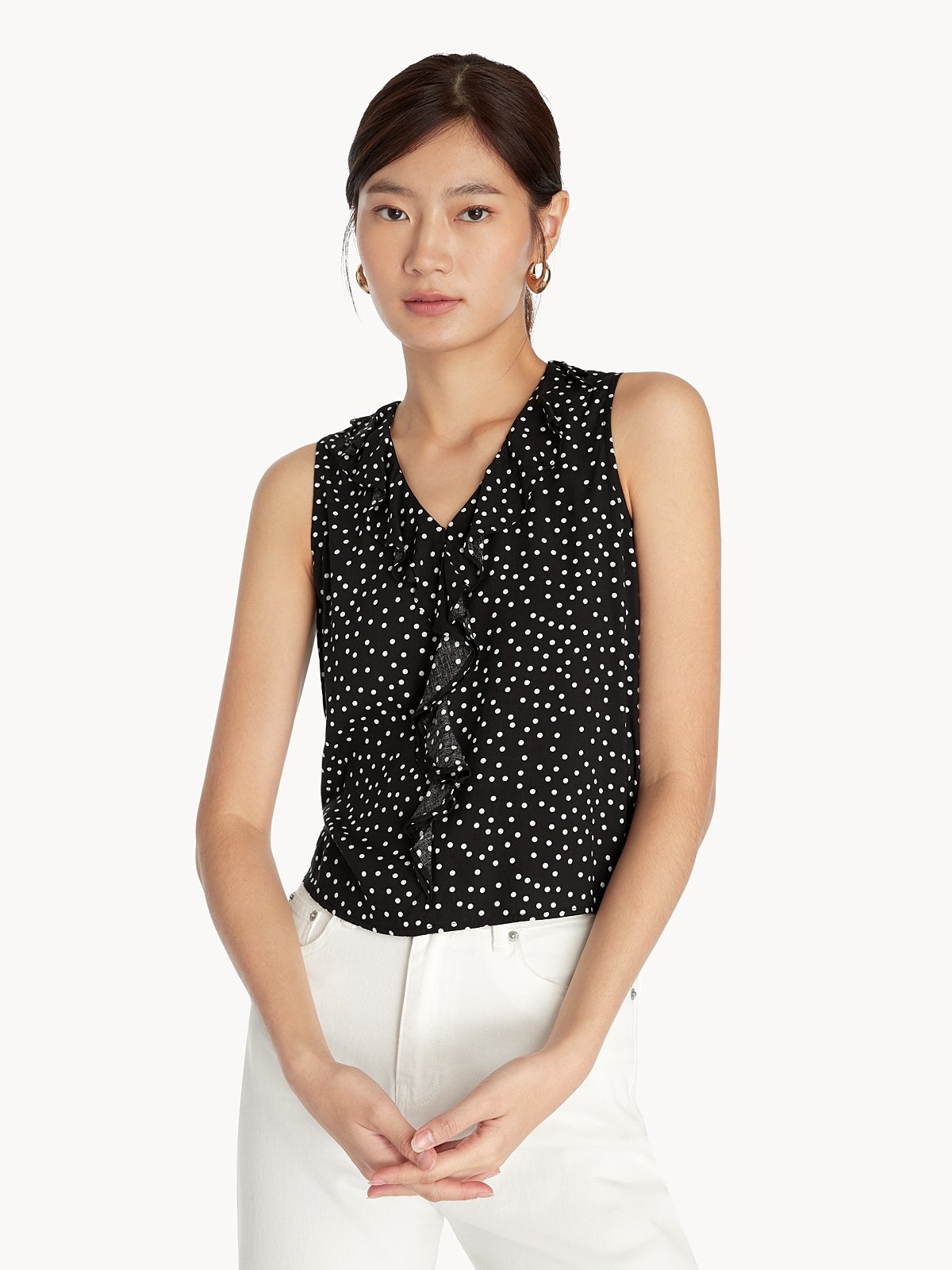 Cream & Black Polka Dot Tank With Ruffle Accents