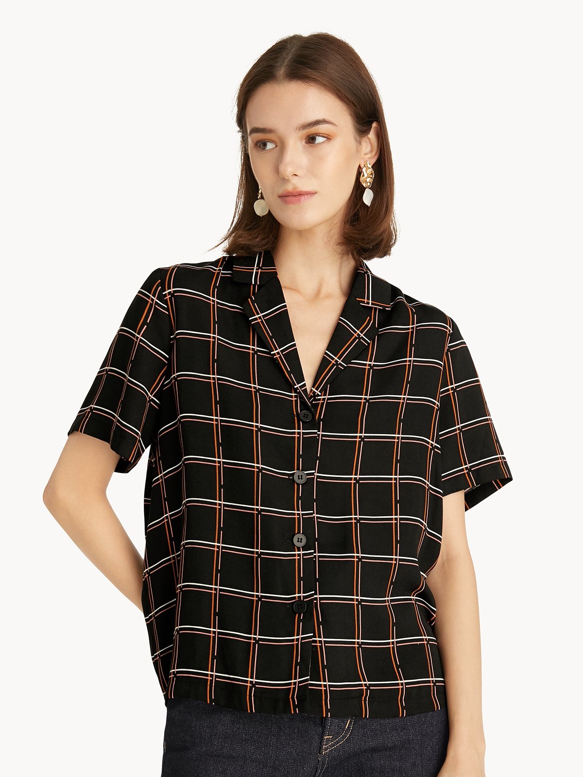 Checkered Short Sleeve Shirt Black Pomelo Fashion