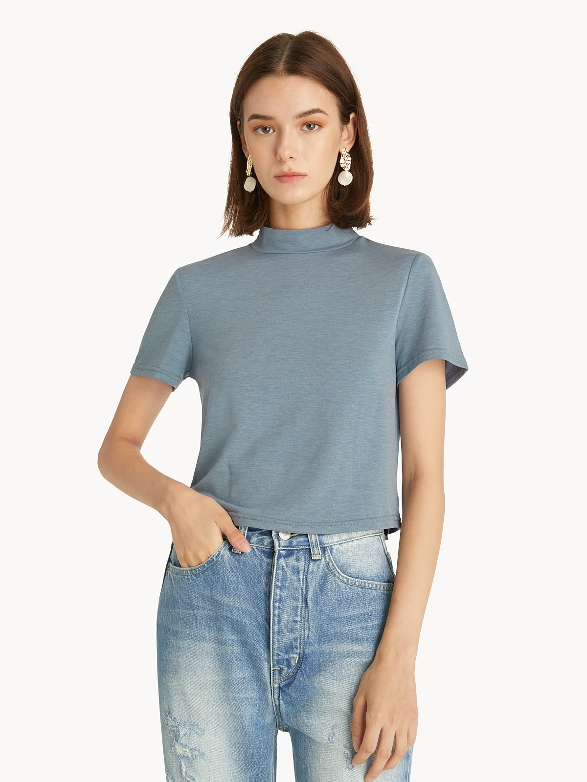 Light blue mock neck top store