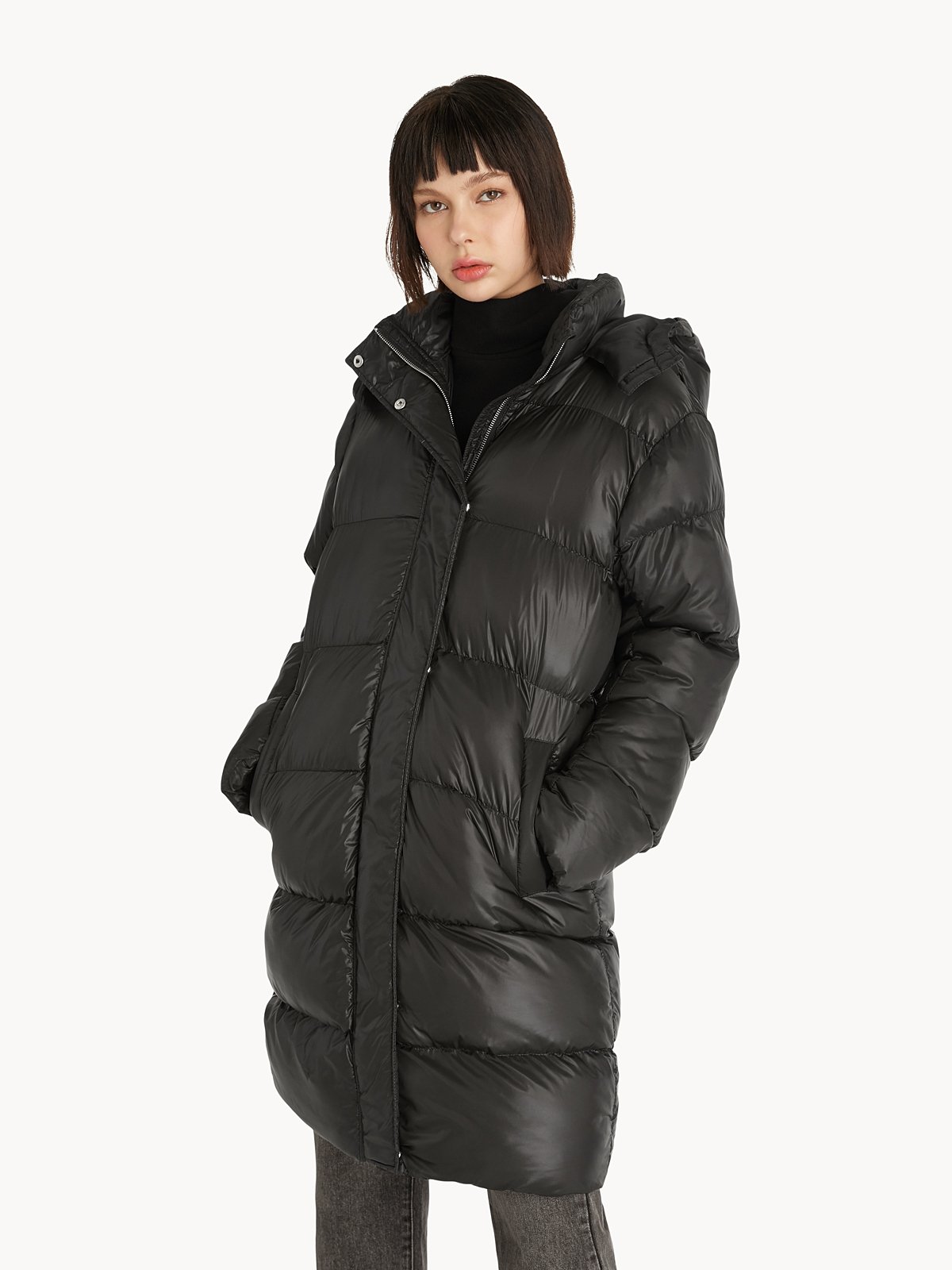 Hooded Puffer Jacket - Black - Pomelo Fashion