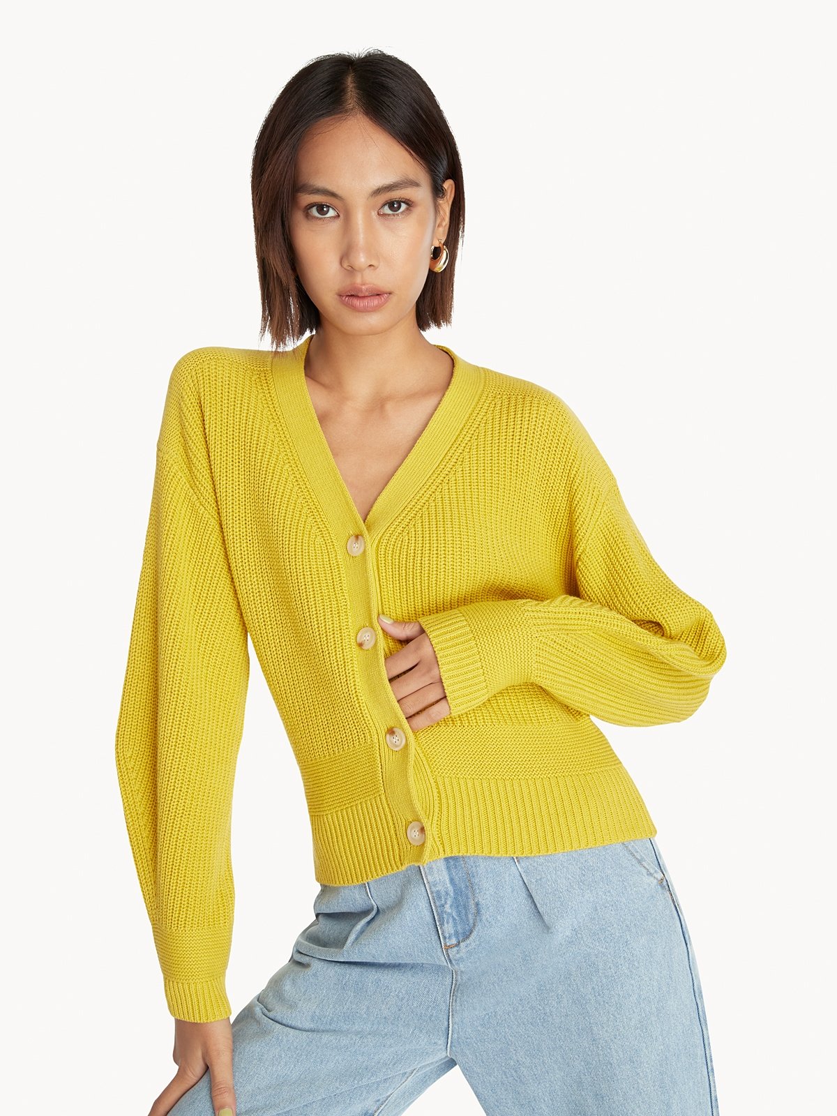 Puffled Sleeves Cardigan Yellow Pomelo Fashion