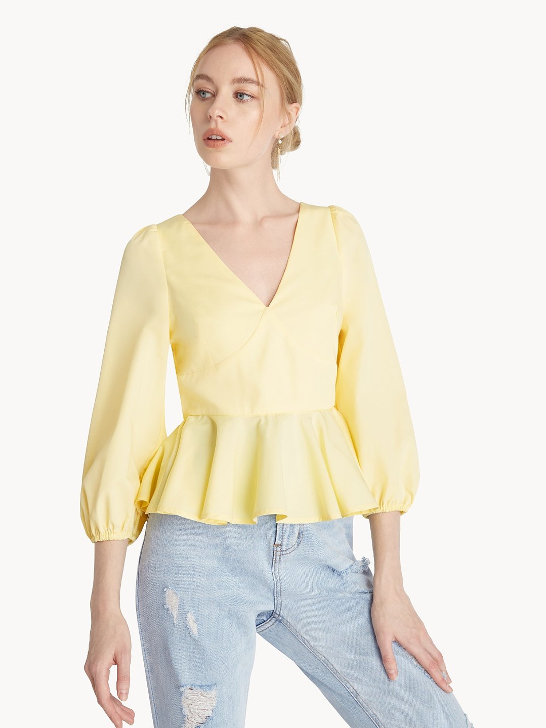 V Neck Peplum Blouse - Yellow - Pomelo Fashion