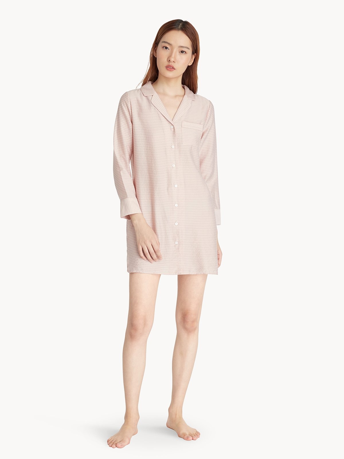Striped Button Up Pyjama Shirt Dress Pink Pomelo Fashion