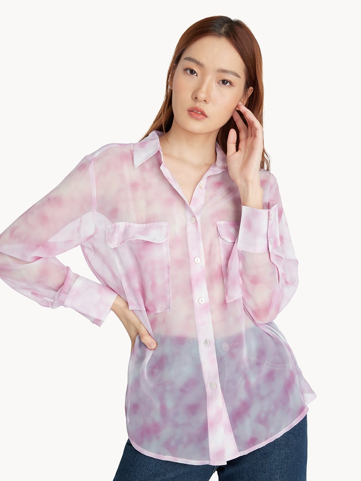 Sheer Twin Pocket Tie Dye Shirt Purple Pomelo Fashion 2768